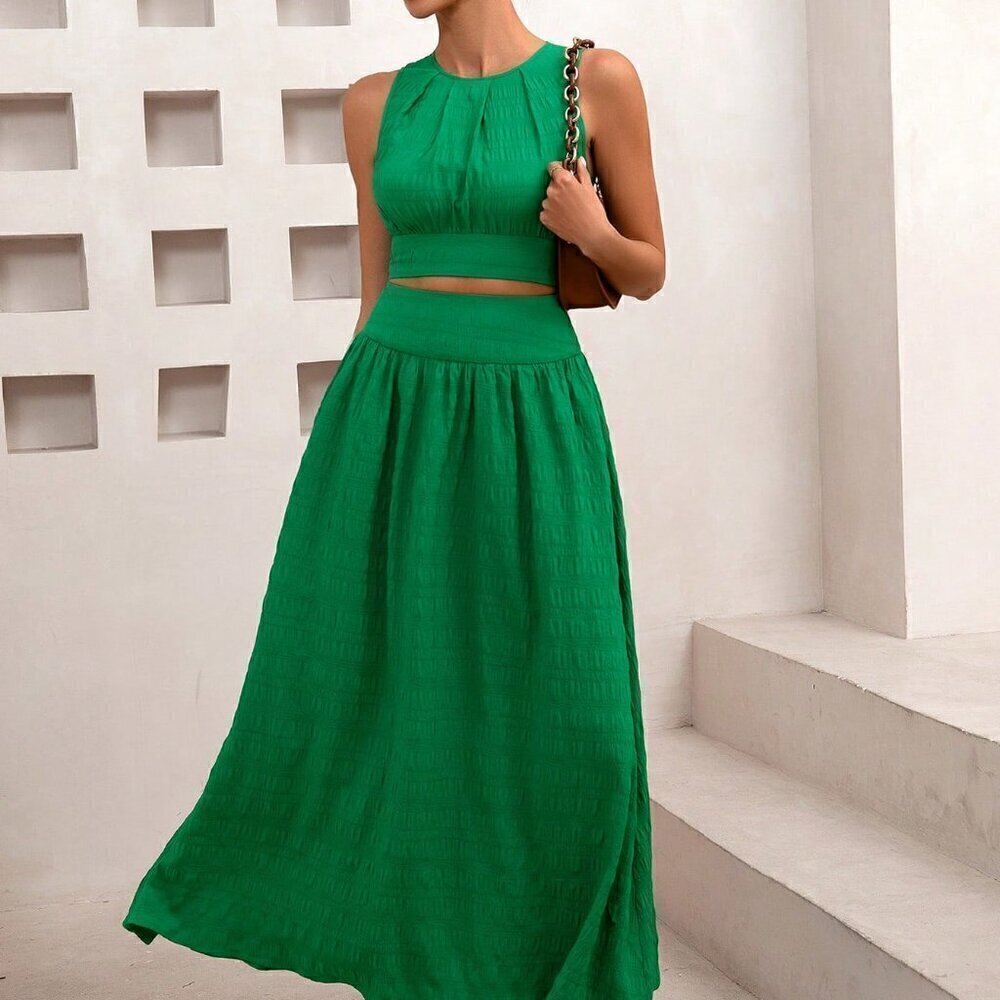 Green Casual Women's Casual Vacation Ocean Green Pleated Crop Top & A-Line Skirt